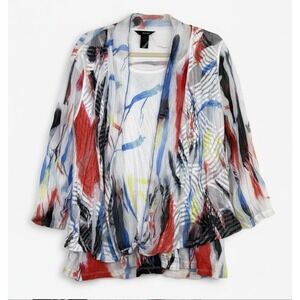 Ali Miles 1X Abstract Artsy Print Top Mesh Sheer White Casual Boho Casual Shirt